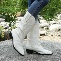 new womens high boots vintage embroidered chunky heel rider boots slip on pointed toe solid color martin boots plus size botas