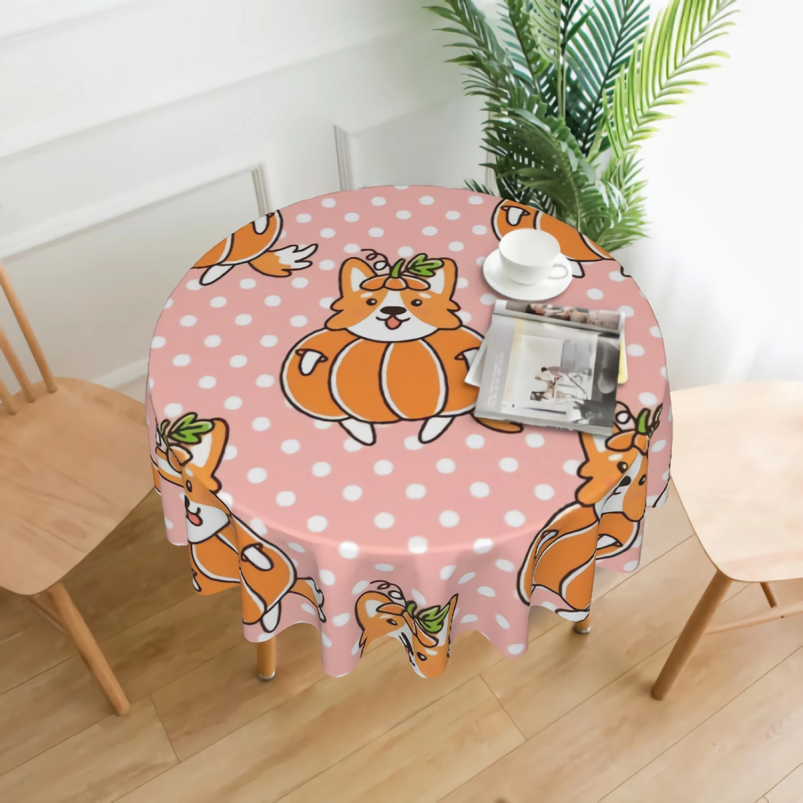 

Dog Welsh Corgi Round Tablecloth Farmhouse Cute Puppy In Pumpkin Table Cloth 60 Inch Round Table Cloth with Polyester Fabric