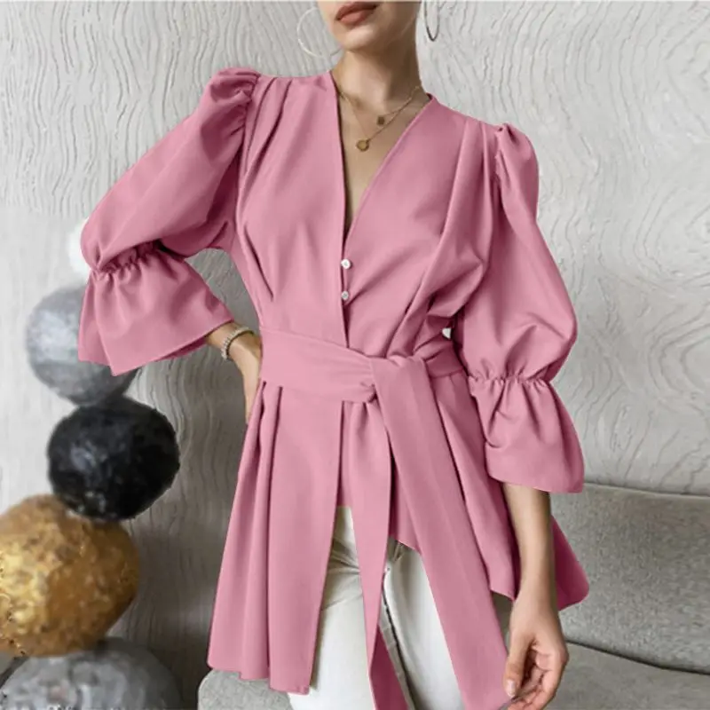 

Women Asymmetric Shirts 2022 VONDA Office Ladies Ruffled Tops Blouse V Neck Flare Sleeve Tunic Baggy Blouse Blusas Femininas