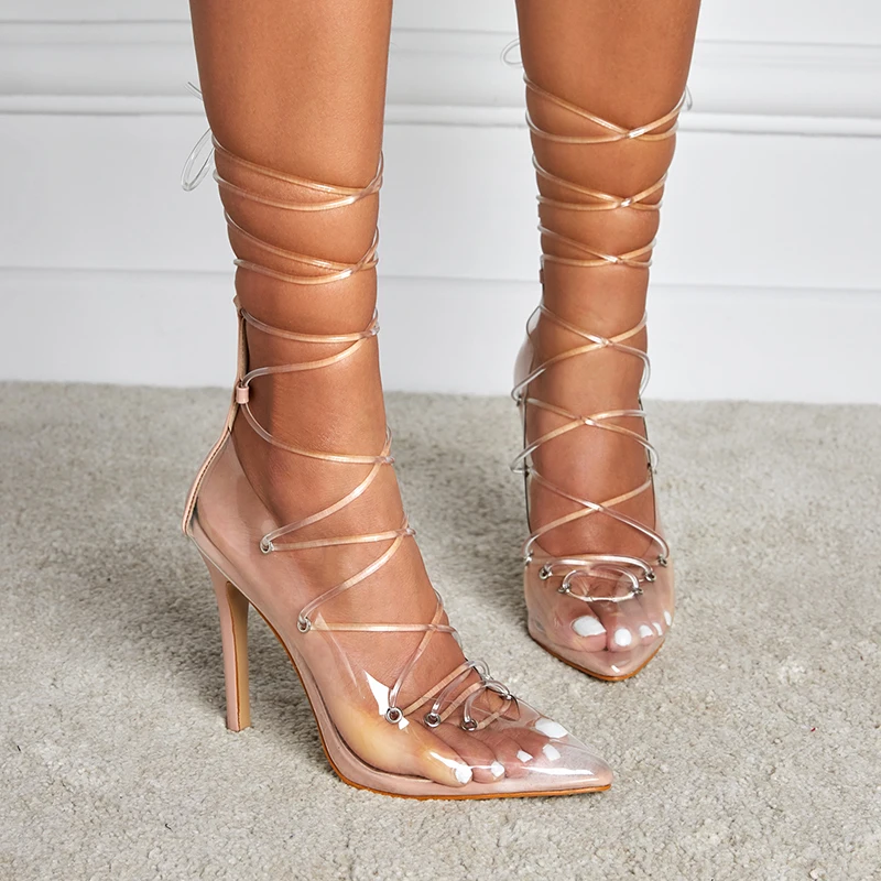 PVC Transparent Ankle Strap Women's Sandals Stiletto Pointed Toe Clear Hollow High Heels Sexy Gladiator Shoes Summer Party Shoes