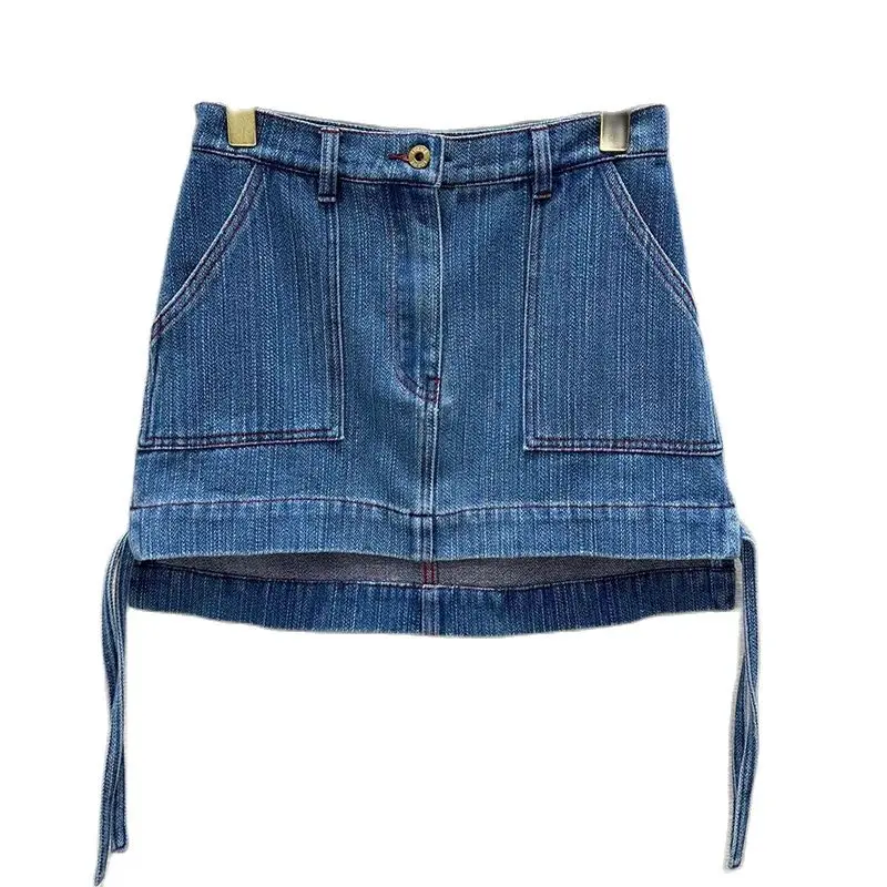 

2023 Summer New Rope Decoration High Waist Women's Denim Above Knee, Mini Half Length Short Skirt