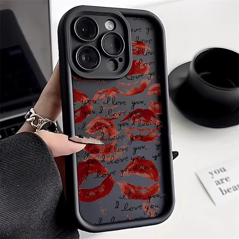 Фото Чехол для телефона с принтом черных и красных губ и поцелуев для iPhone 13, чехол для iPhone 16 Pro 11 12 14 15 17 Pro Max 16e XR XS, мягкий силиконовый чехол №1