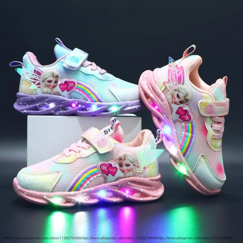 

Disney Frozen LED Casual Sneakers Pink Purple For Spring Girls Elsa Princess Print Outdoor Shoes Children Lighted Non-slip Shoes