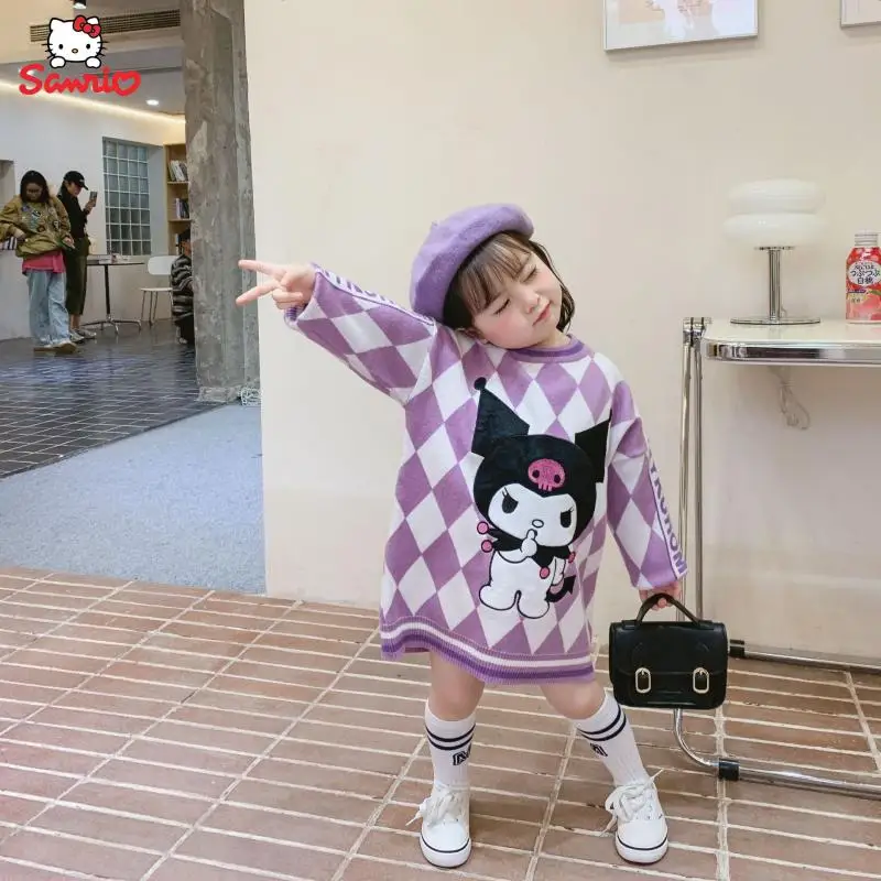 

Детское вязаное платье Kawaii Kuromi, милое осенне-зимнее теплое трикотажное платье принцессы Sanrio с мультяшным рисунком для девочек, праздничный ...