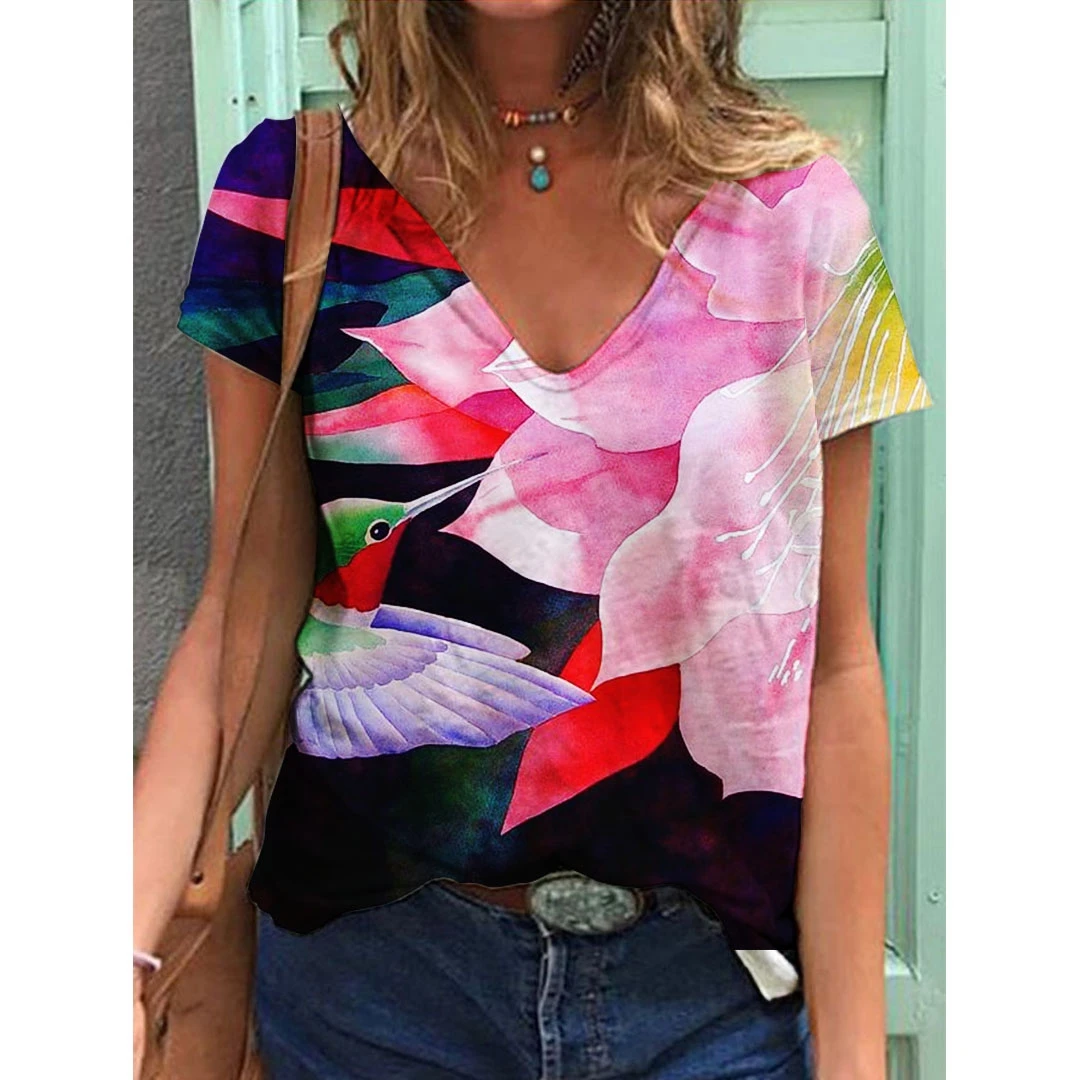 

women's clothing 2022 new pattern clothing T-shirt summer leisure, comfortable and breathable Street shopping women's V-neck