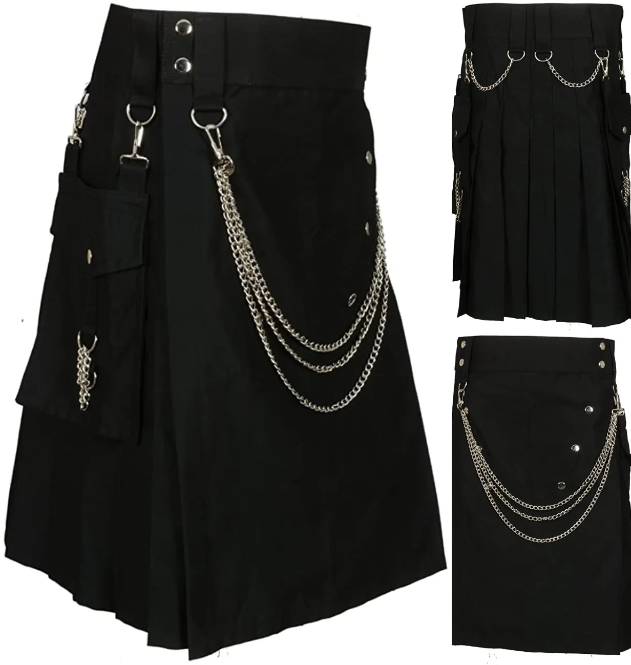 2023Scottish Black Fashion Utility Kilt With Silver Chains
