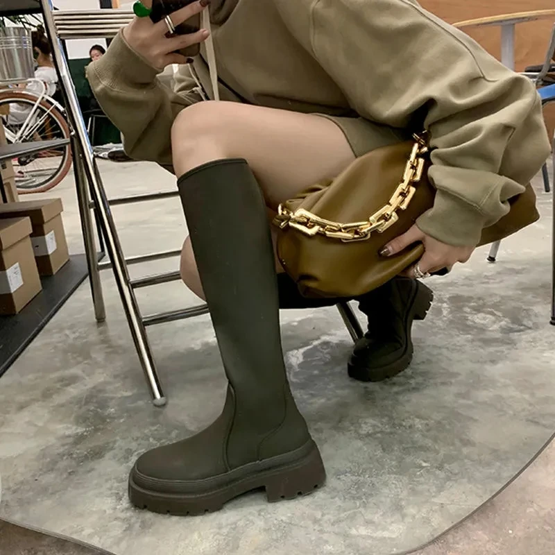 

Женские высокие сапоги на весну и осень, однотонные Прямые сапоги ниже колена, рыцарские сапоги на толстой подошве, высокие эластичные сапо...