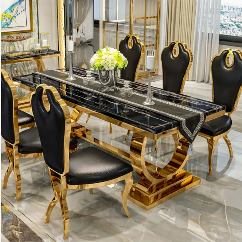 

Modern Dining Table Luxury Dinning Furniture Luxury Metal Base Marble Dining Table Chairs