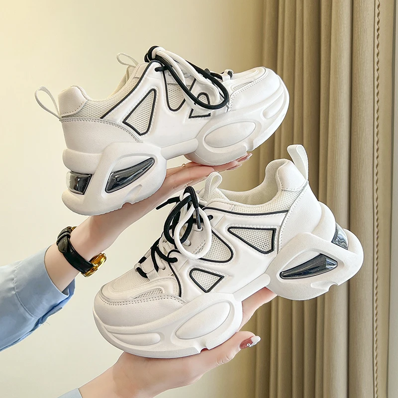 Women's 2023 Flat Platform Sneakers Leather Non-Slip Thick Soled Running Trainers Shoes Women's Sports Daddy Shoes Tennis Female