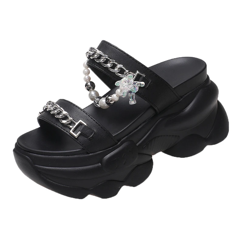 

Women Chain Platform Outside Slippers New 2023 Summer Thick Sole Beach Slippers Chunky Shoes Woman Open Toed 9CM Wedge Sandalias