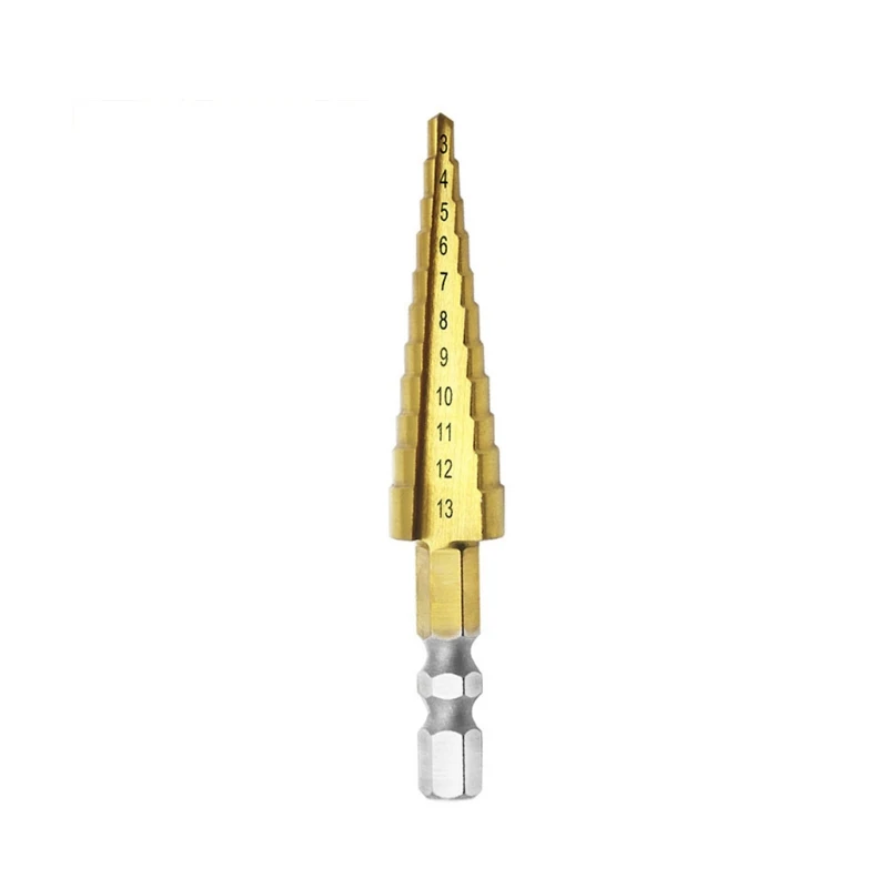 

3-13mm HSS for TITANIUM Coated Step Drill Bit Cone Hex Shank Reaming Power Tools Metal Wood