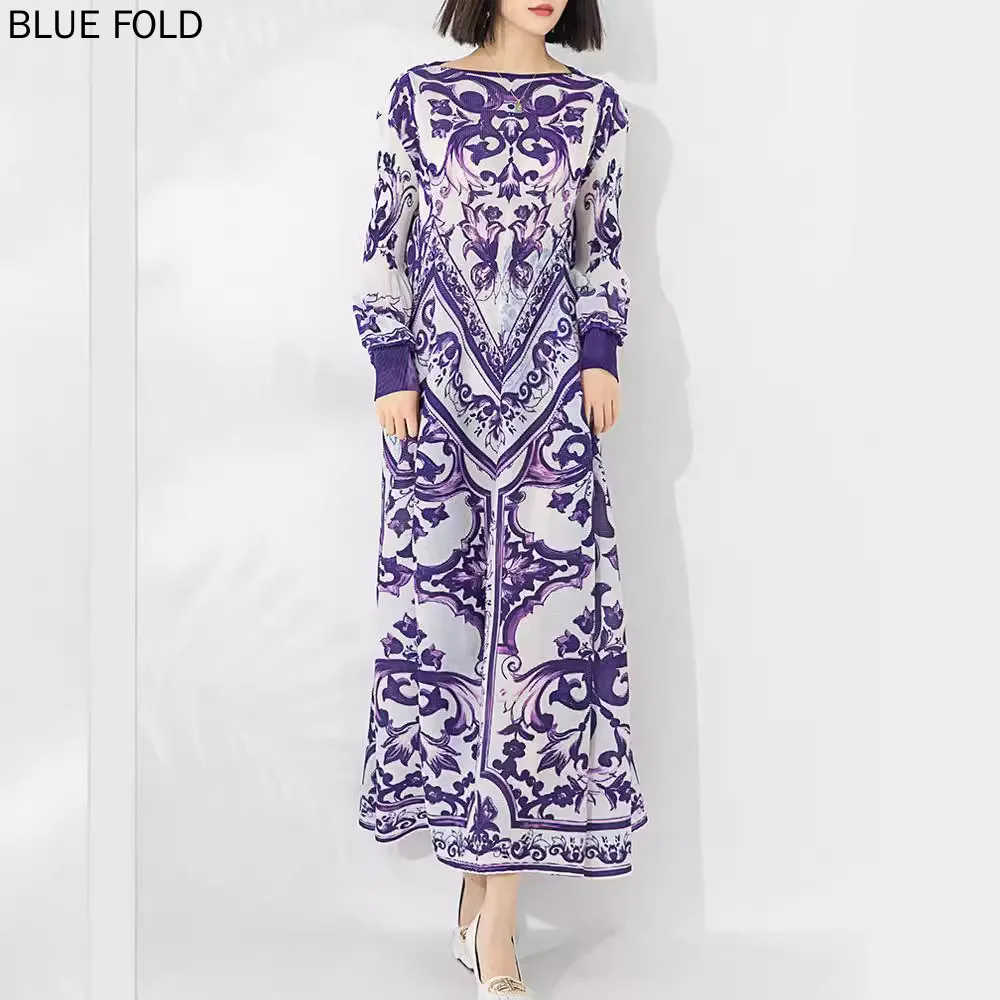 Женское плиссированное платье миаке длинное с круглым вырезом и