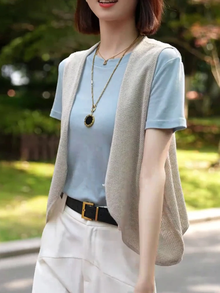 Женский жилет 2024 новый тонкий летний полый вязаный маленький из ледяного шелка