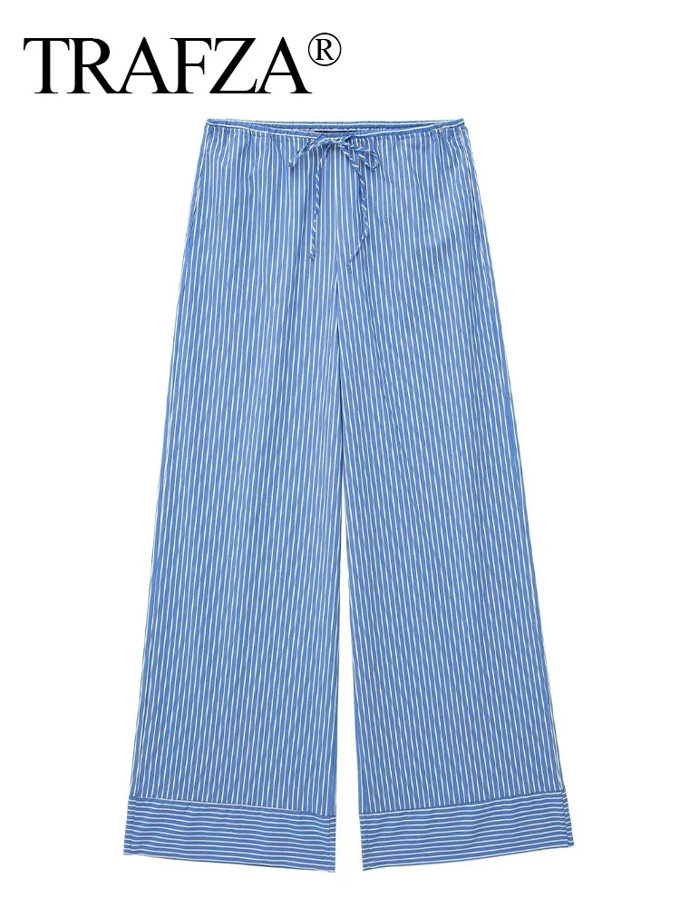 

TRAFZA Fashion Blue Pinstripe Women's Pants 2023 Summer Wide Leg Pants Women Casual Loose Trousers Ladies Low Waist Up Pant