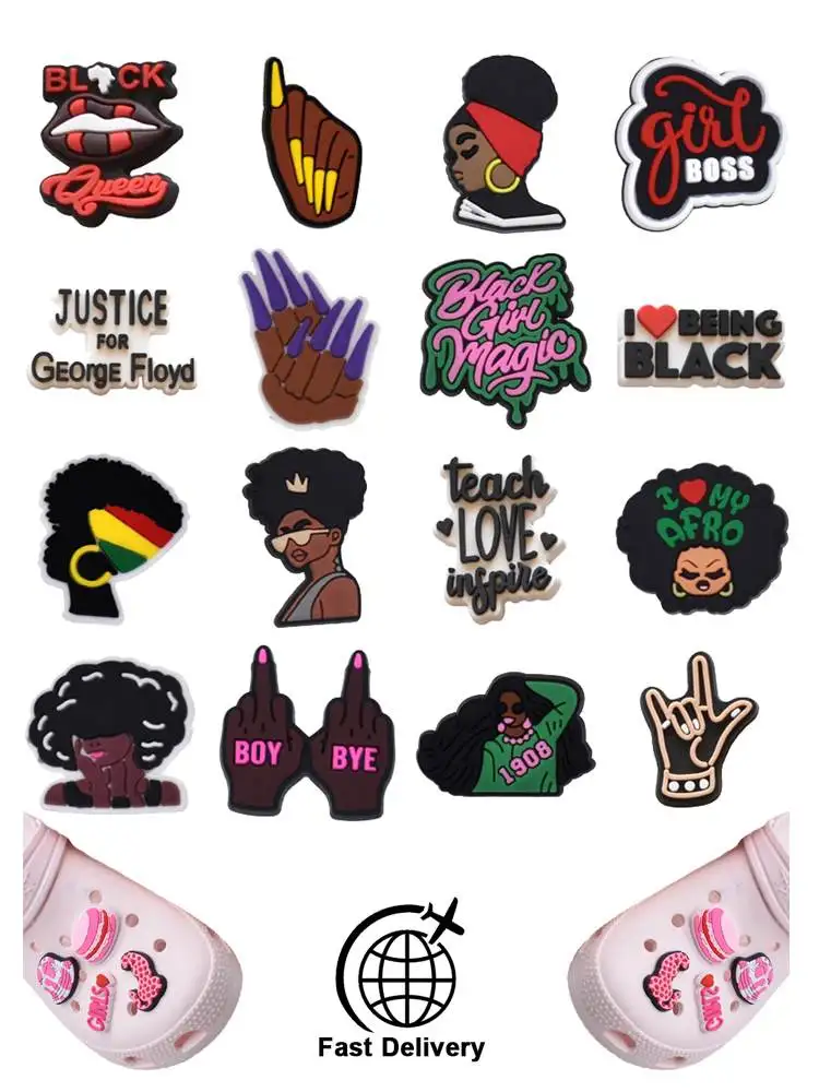 

1Pcs PVC Black Girl for Crocs Charms DIY Badge Women Sandals Buckle Kids Pins Decoration Jeans Shoe Ornaments Party Favors