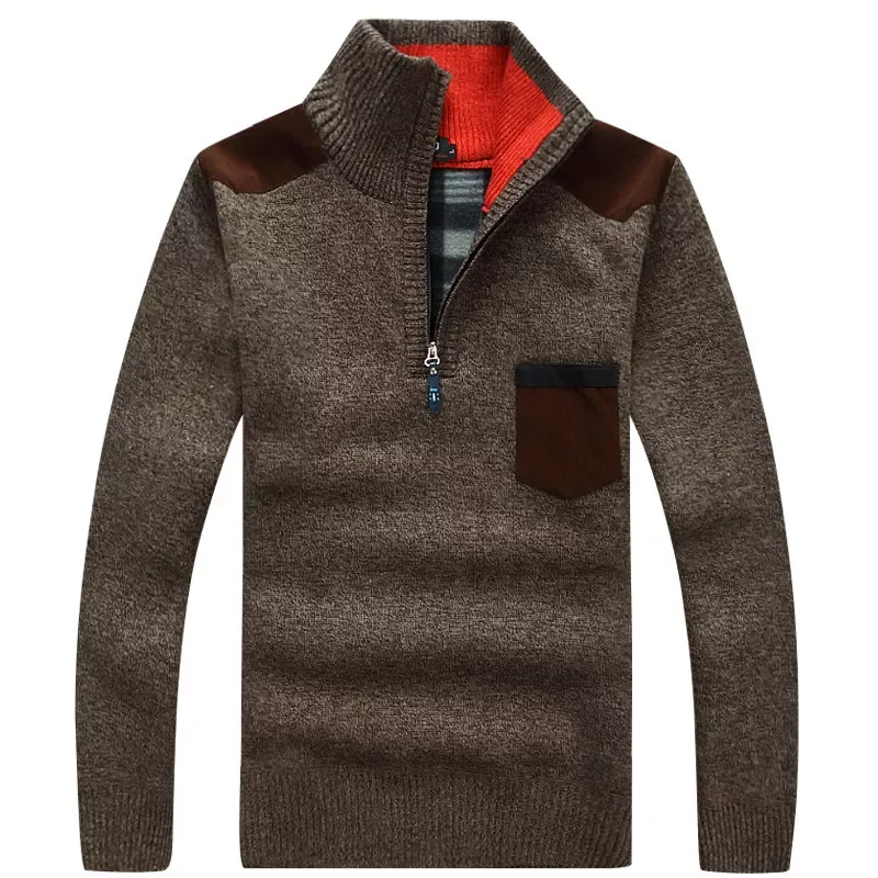 

2022New Winter Mens Pullover Knitted Sweater Male Wool Fleece Thick Casual Pullover Patchwork Warm Pocket Sweater Standing Colla