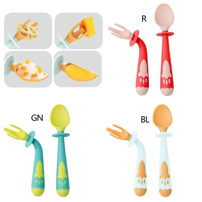 

2Pc Silicone Spoon Fork Set Baby Utensils Bendable Soft Infant Tableware Self-Feeding Training Flatware for Kid Children