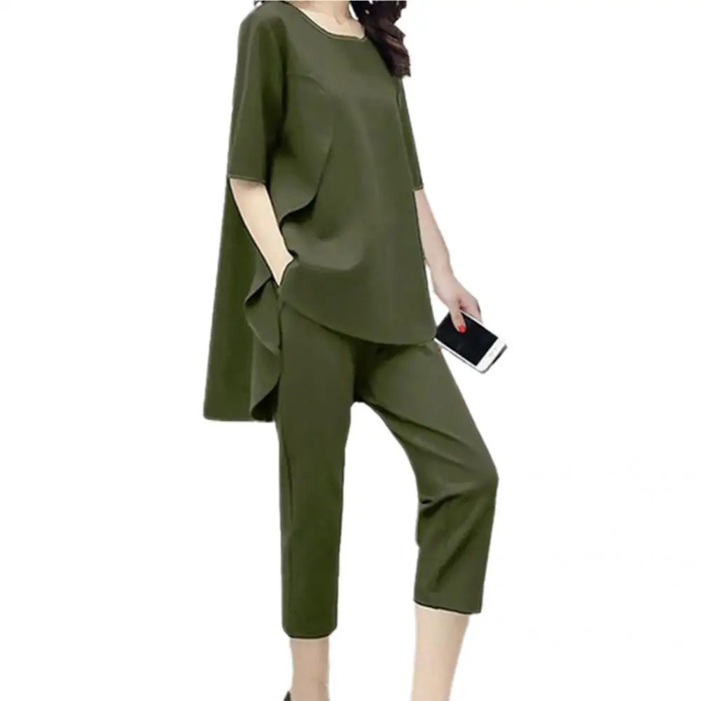 

2Pcs/Set Women Outfit Loose Top Pants Suit Solid Color Top Pants Set