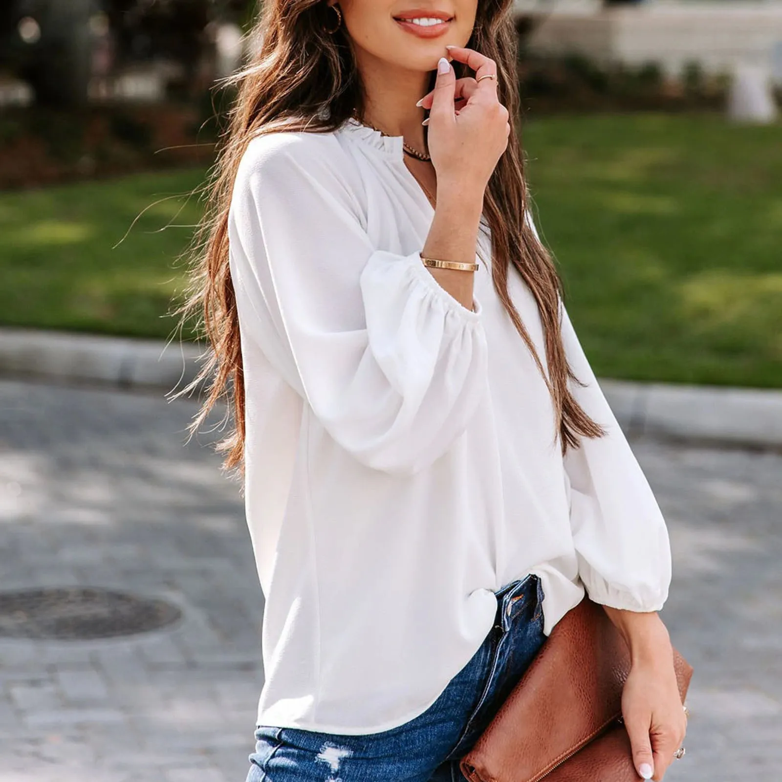 

Women Fashion Trend Cool Long Sleeved Shirt Solid Color Comfortable Casual V Neck Top Long Sleeve Cotton Knit Shirt