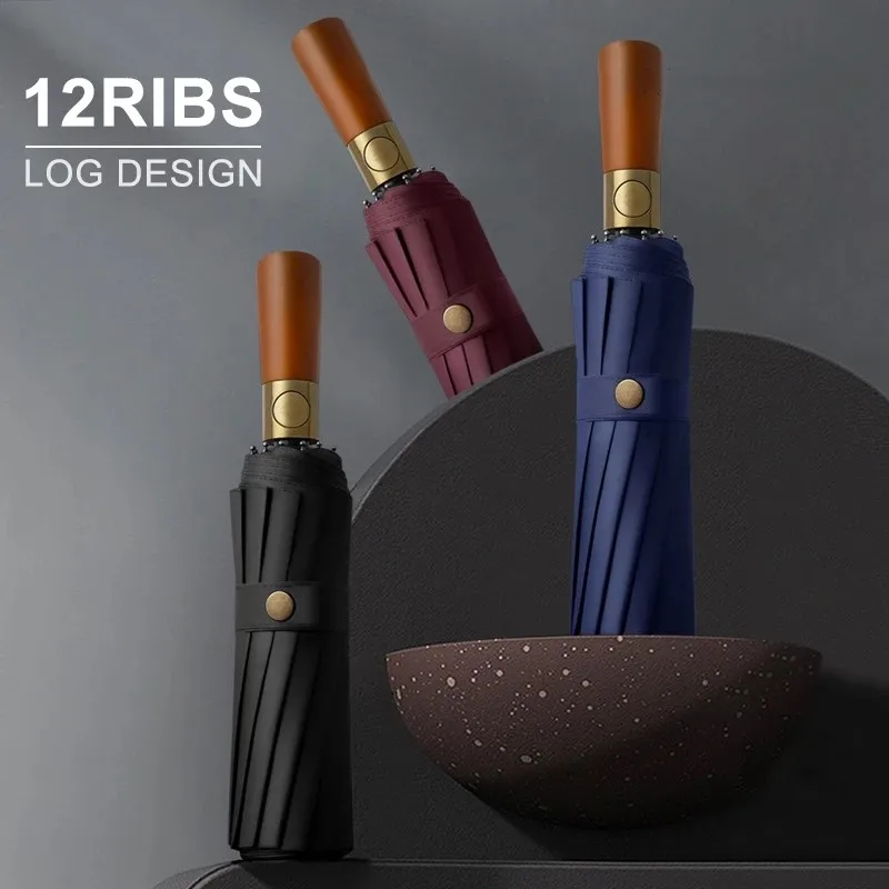 

Men Women 12Ribs Automatic Umbrella Windproof Fold Strong UV Umbrella Wooden Handle Vinyle Business Luxury Travel Accessories