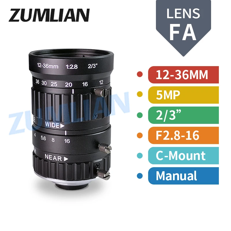 ZUMLIAN 12-36 мм объектив варифокальный 5 МП C-mount 2/3 дюйма с низким искажением ручной