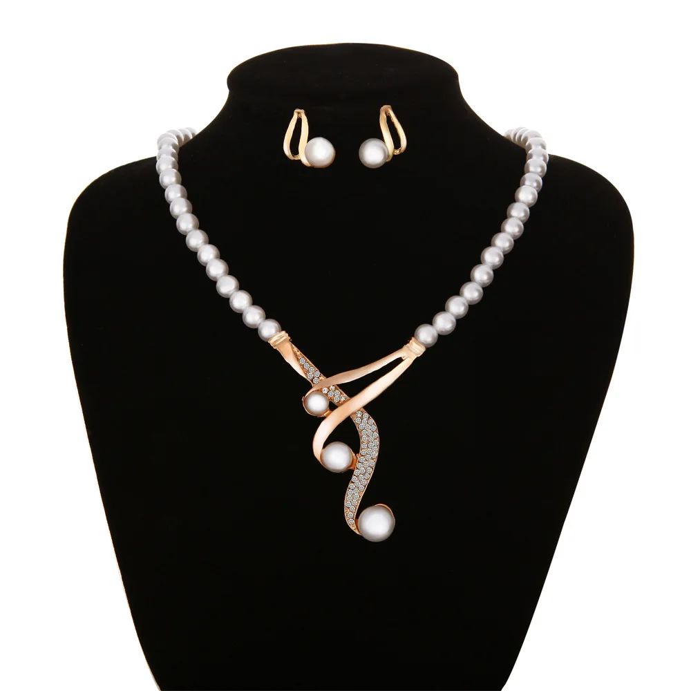 

Fashion Women Hook Shape Pendant Faux Pearl Beaded Necklace Earrings Bridal Party Jewelry Set