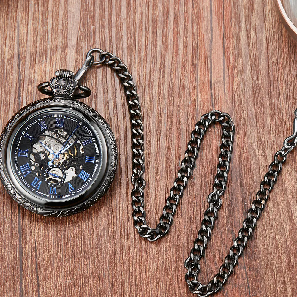 Vintage Crowns Design Carved Blue Number Dial Mechanical Pocket Watch Men Chain Hollow Steampunk Black Mechanical Watch Clock
