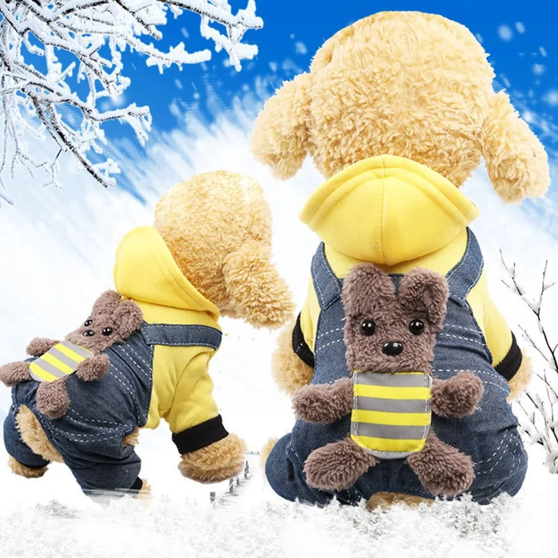 

Джинсовый комбинезон для собак, модный джинсовый костюм с капюшоном, на четыре лапы, ковбойская куртка для чихуахуа, Осень-зима