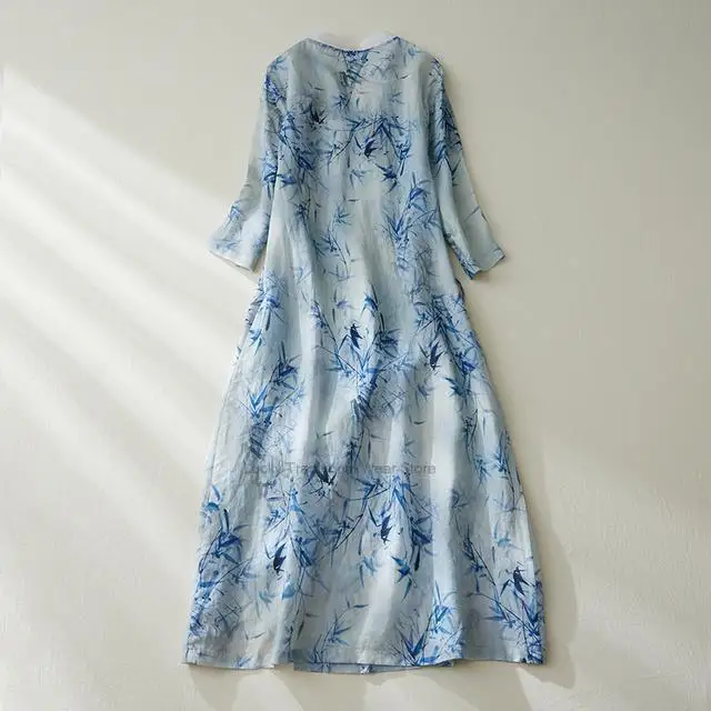 Китайское хлопковое льняное платье-Ципао с улучшенным принтом летнее свободное