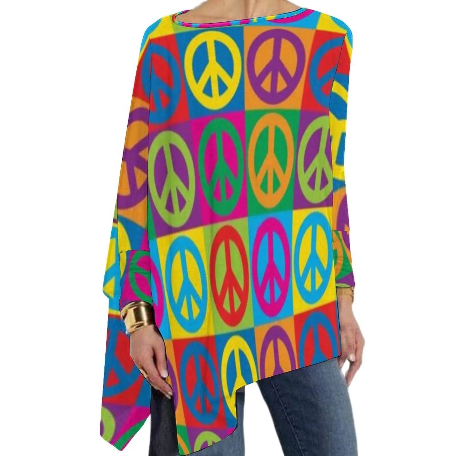 

Peace Symbols T Shirts Colorful Pop Art Trendy T-Shirt Woman Long Sleeve O Neck Street Fashion Tshirt Oversized Print Top Tees