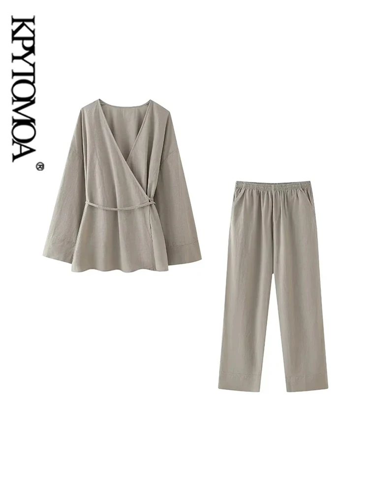 KPYTOMOA Женское Текстурированное Кимоно Комплект Из Блузки И Брюк
