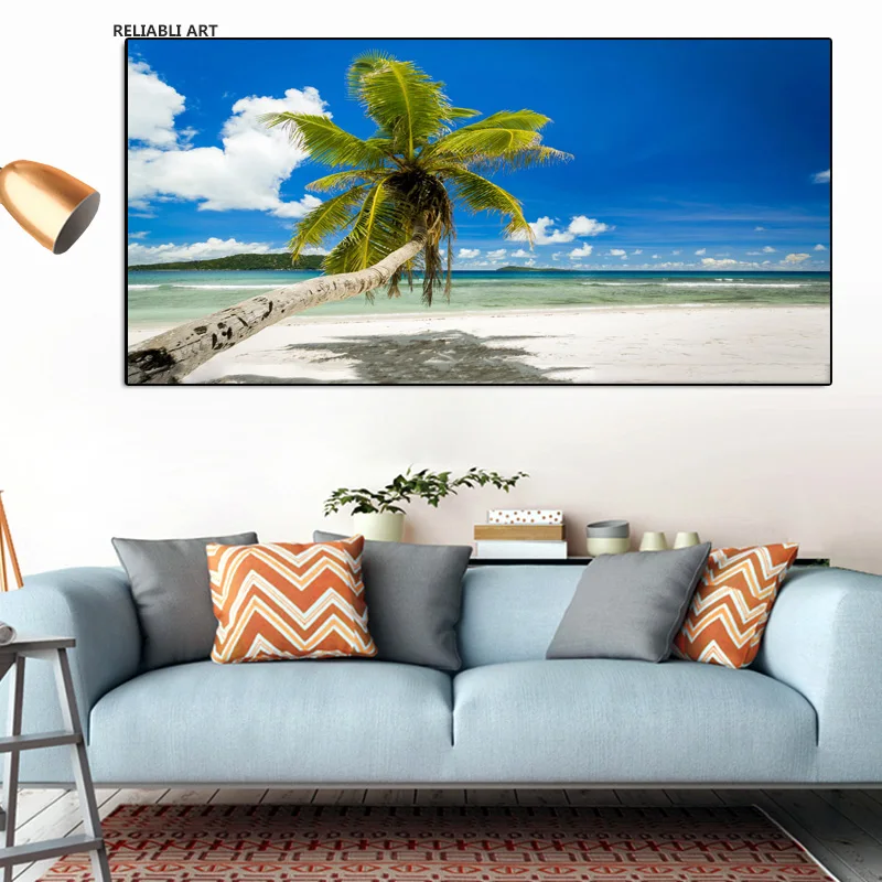 

Blue Sky Ocean Beach Green Palm Trees Posters, Nature Landscape Picture Prints, Canvas Wall Art for Home Decor Cuadros