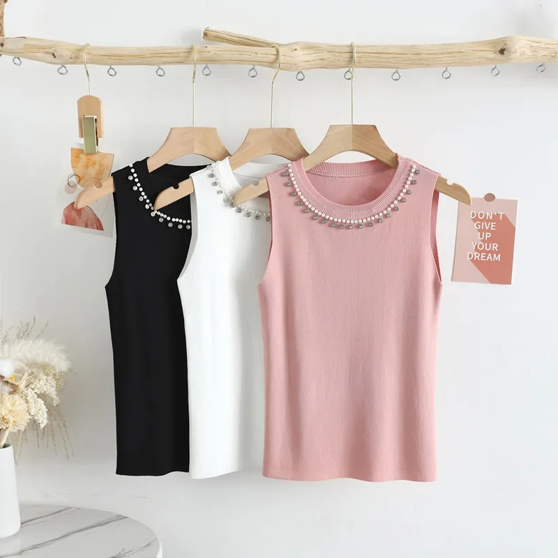 

YEMOGGY Knit Vest Women Summer Camisole 2023 New Camisole Women Inside Beaded Knit Sleeveless Backing Shirt Solid Slim Tank Tops