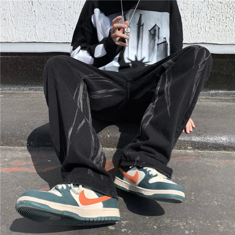 Blue Black Tie Dye Jeans Men Fashion Casual Baggy Wide Leg Jeans Men Streetwear Loose Hip Hop Straight Denim Pants Mens Trousers