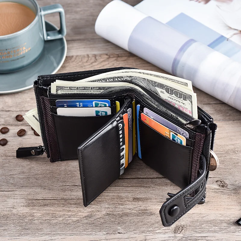 Men Wallets Leather Double Zipper Card Holder Short Male Purse Coin Pocket Vintage Brand High Quailty Men Wallets