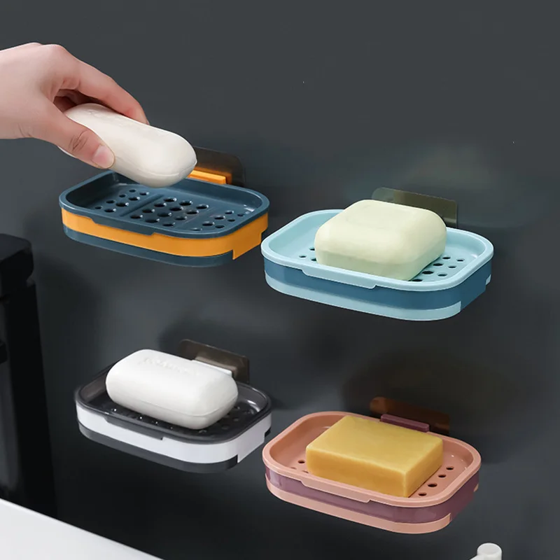 

Punch-Free Soap Dish Double Layer Wall Mounted Drawer Draining Holder Kitchen Sponge Storage Box Bathroom Organizer Rack Shelves