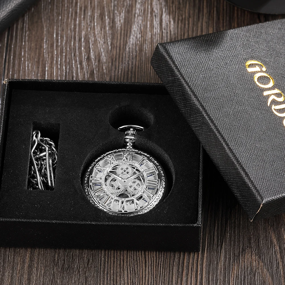 Silver Mechanical Pocket Watch Men Luxury Gear Skeleton Clock Steampunk Hand Wind Antique Pendant Roman Dial Women reloj hombre
