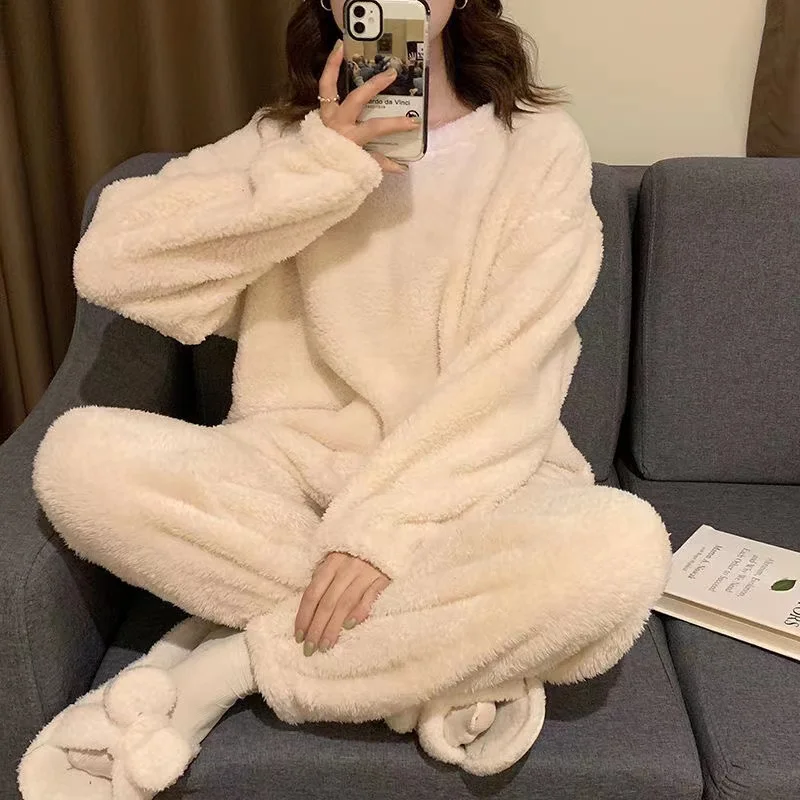 Flannel Winter Thicken Warm Female Pajama Sets 2022 New Winter Thicken Warm Homewear Pyjamas Home Suit