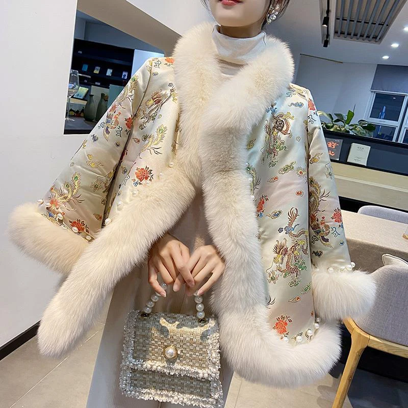 Embroidery Female Coat Winter Faux Fur Jacket Harajuku Mid-length Beading Tang Suit Cloak Women Outwear Elegant Furry Warm Coat