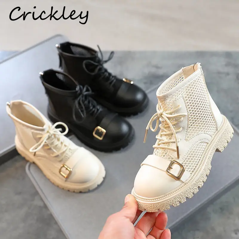 

Mesh Buckle Children Fashion Boots Breathable Soft PU Leather Girls Ankle Shoes Summer Solid Zip Non Slip Kids Short Boots
