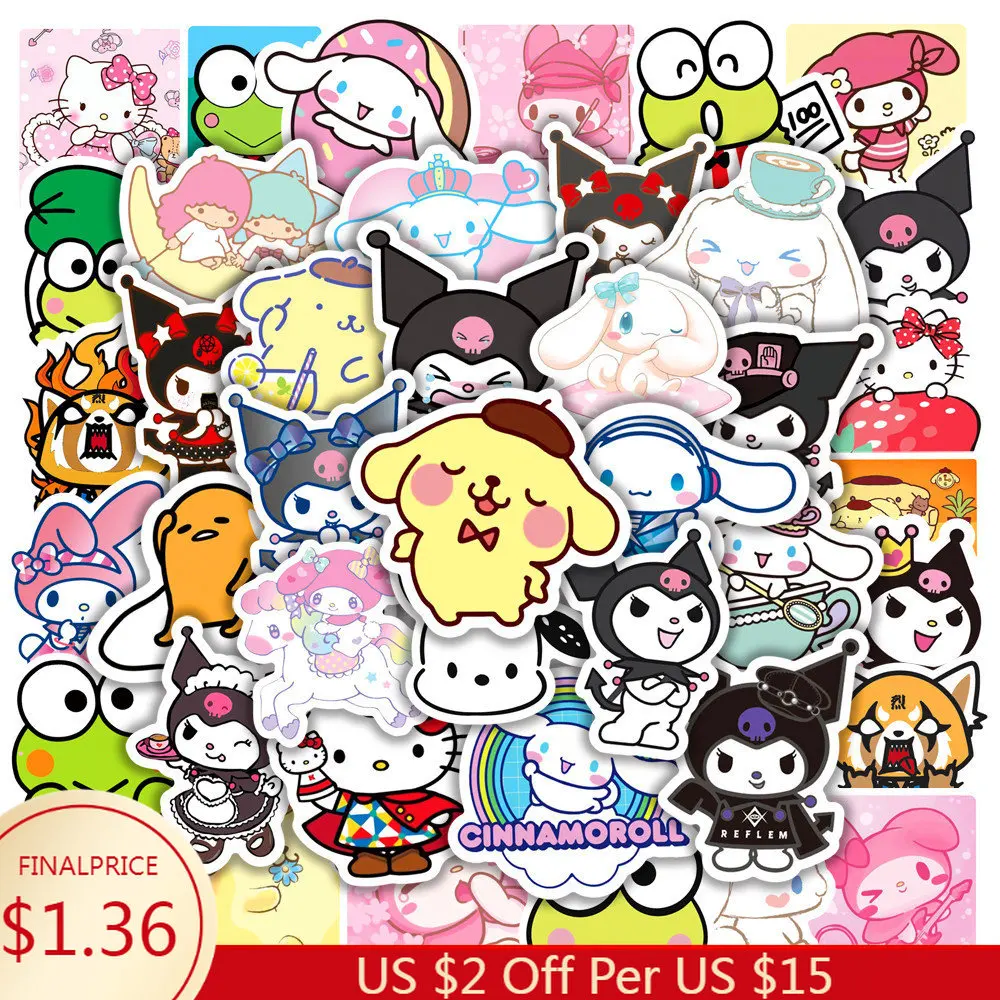 

50pcs Kawai Hello Kitty Kuromi My Melody duct stickers decoration Laptop cell phone sticker toy for kids