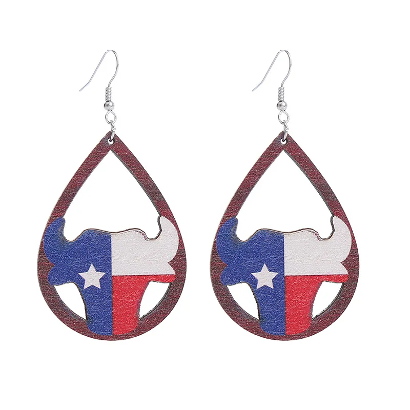 

Texas Thin Blue Line Teardrop Wooden Earring Longhorn head skull 4th of July Dangle Earrings Summer USA Accessories Women Jewelr