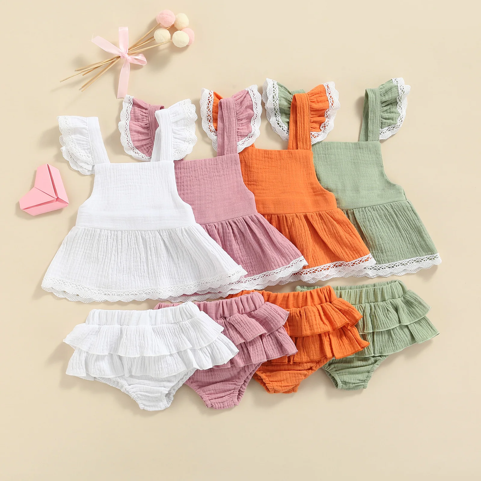 

Summer 2Pcs Baby Girls Casual Dress Clothing Sets Newborns Lace Hem Decor Ruffle Suspender Skirt Matching Elastic Waist Shorts