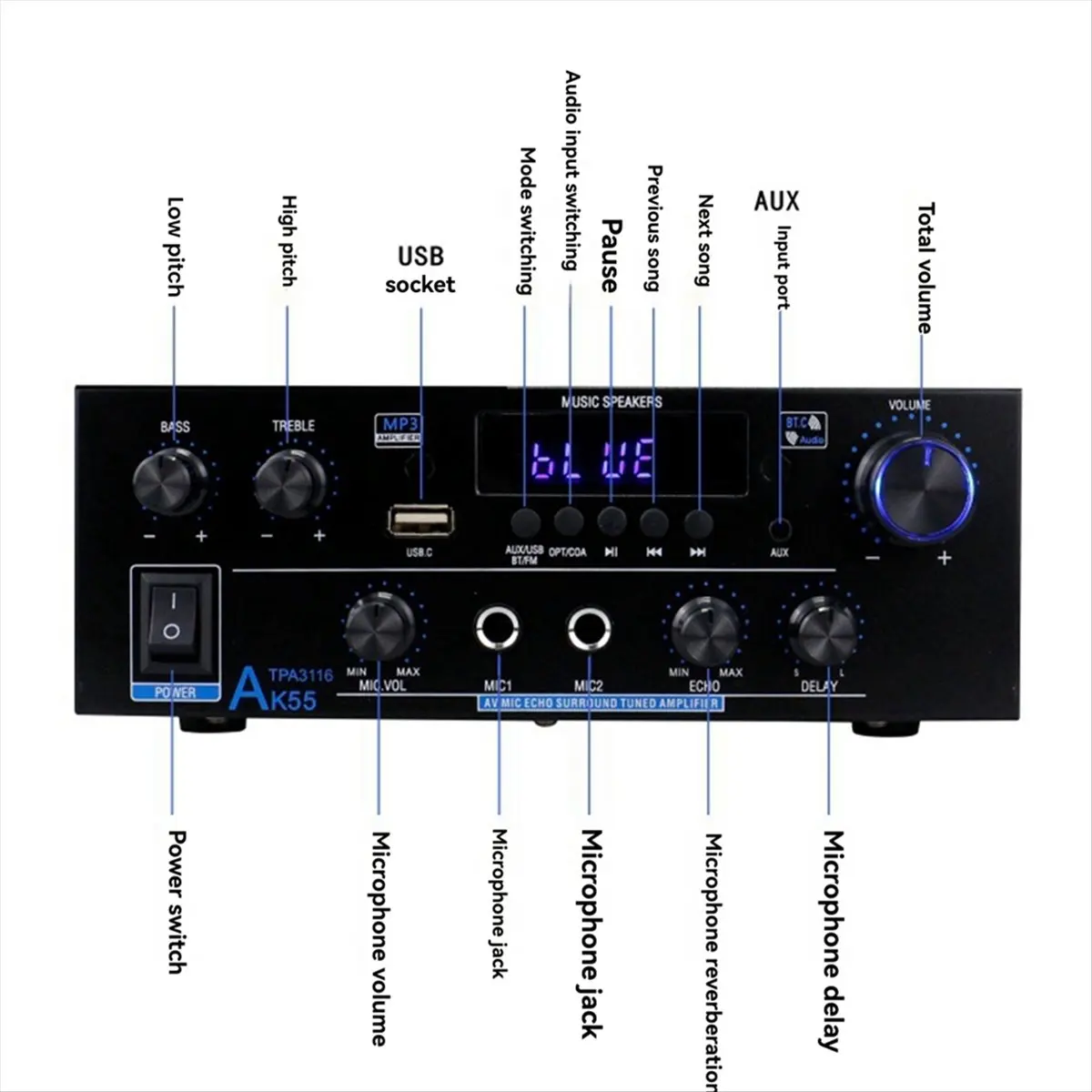 Фото Домашний усилитель мощности Y14A AK55, 900 Вт макс., 2.0-канальный, Bluetooth, Hi-Fi аудио, караоке-плеер, с европейской вилкой. №4