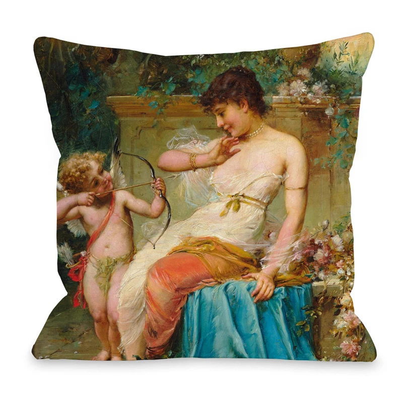 Beauty Woman Lady Angel Portrait Decorative Cushion Cover Oil Painting Double Sided Print Pillowcase Throw Pillow Cover 45X45cm