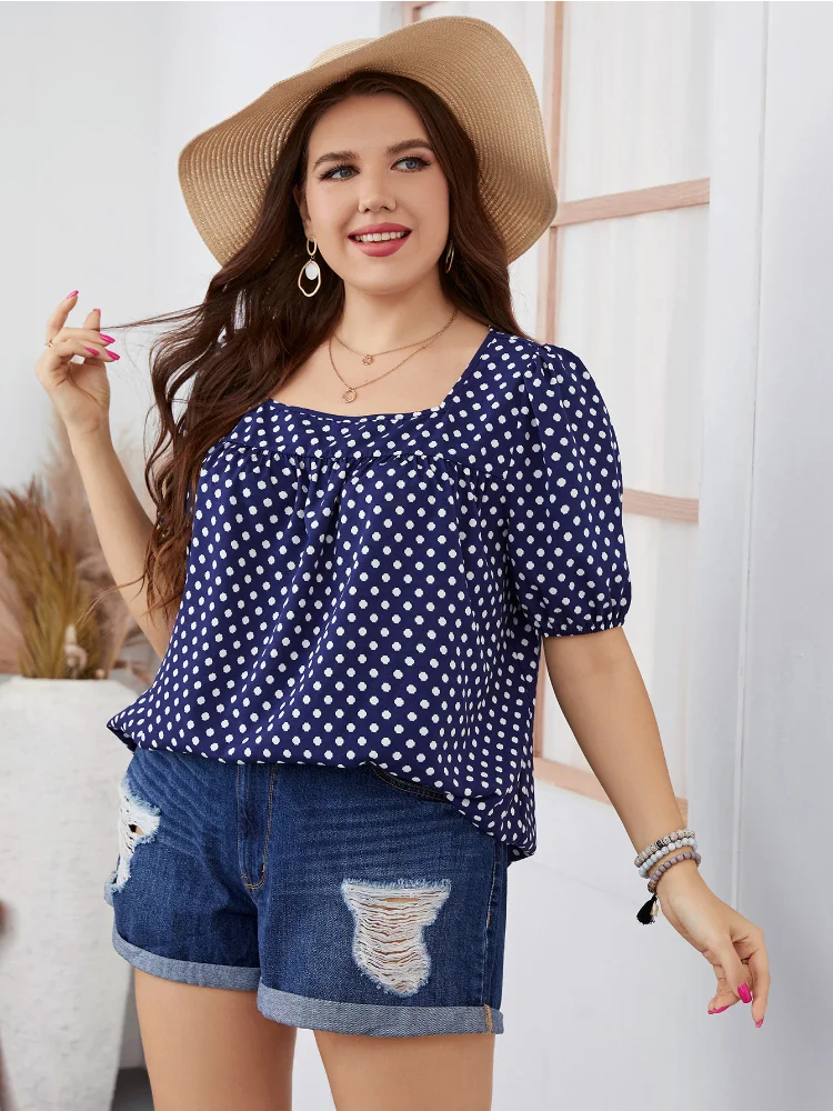 Chiffon Short Woven Round Neck Plaid Style Commuter Pullover Polka Dot Plus Size Women's Shirt