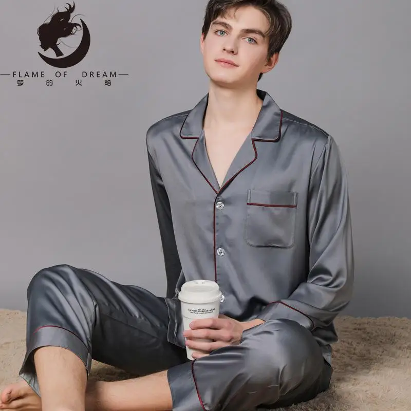 Flame Of Dream New Spring And Autumn Silk Pajamas  Ice Silk Men's Pajamas Home Clothes Long Sleeve Large Suit 221041