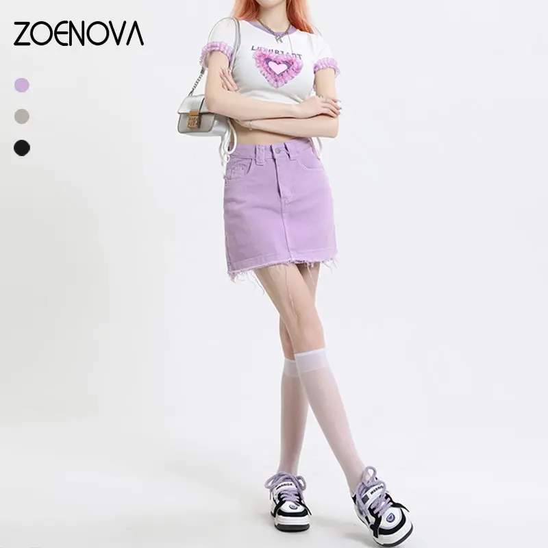 

ZOENOVA Spicy Girl Summer Slight Strech Shorts Skirts Jeans Above Knee Mini 100% Cotton Denim Spring Women's Grey Black Purple