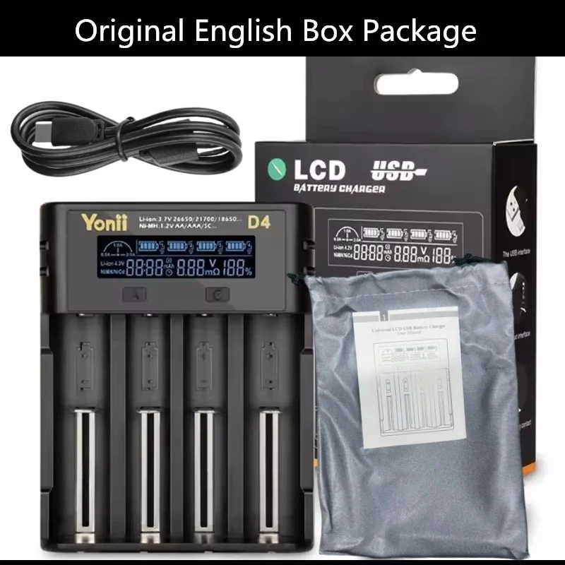

Зарядное устройство Yonii с ЖК-дисплеем, 4-канальное для 18650 26650 21700 10440 14500 AA AAA Li-ion или других аккумуляторов блок питания