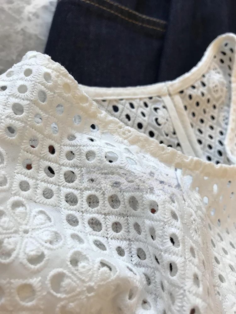 Женская винтажная блузка с круглым вырезом белая ажурная рубашка цветочной